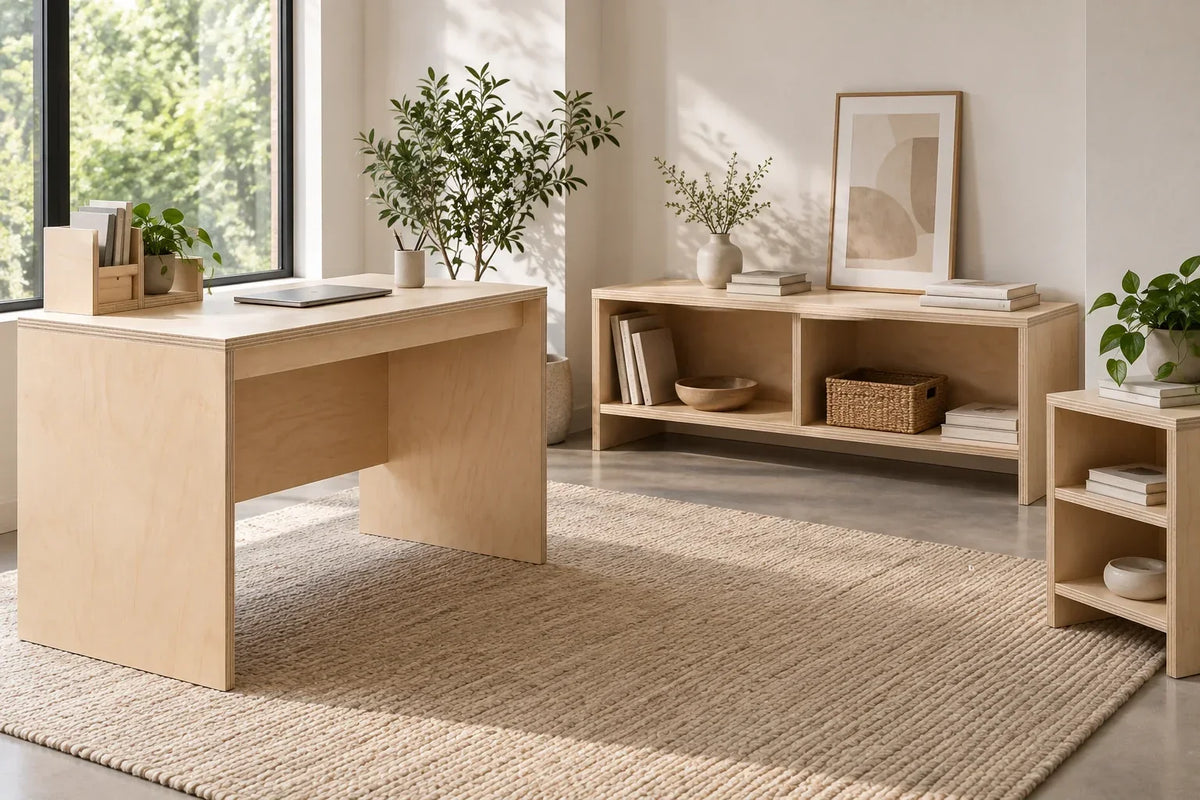 Illustrative Baltic Birch plywood desk, media console and open side table with exposed layered edges in a bright interior