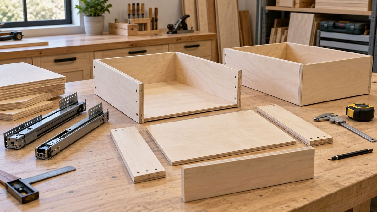 Baltic Birch plywood drawer boxes and cut drawer parts with undermount slides on a woodworking bench, showing different plywood thicknesses for drawer construction.