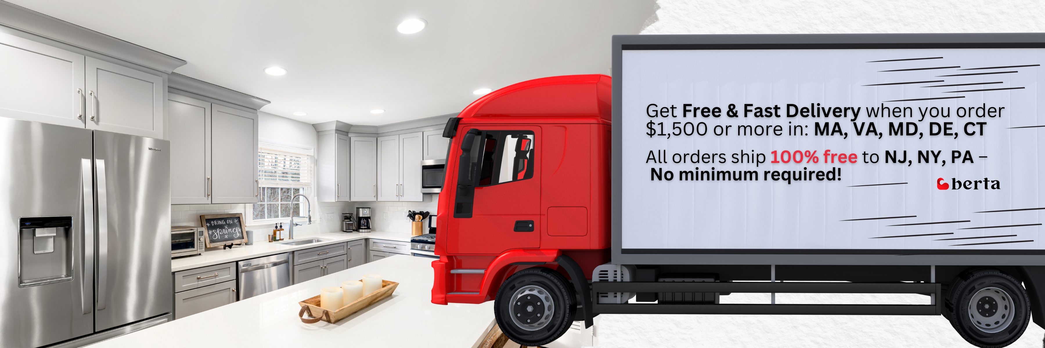 Kitchen cabinets from Berta Store with free & fast delivery on $1,500+ orders in MA, VA, MD, DE, CT — always free shipping to NJ, NY, PA with no minimum.