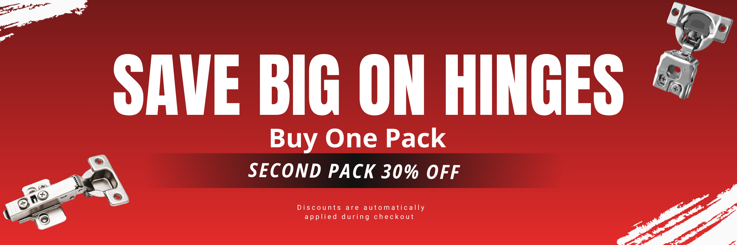 Promotional banner for hinges with a red background and white text.