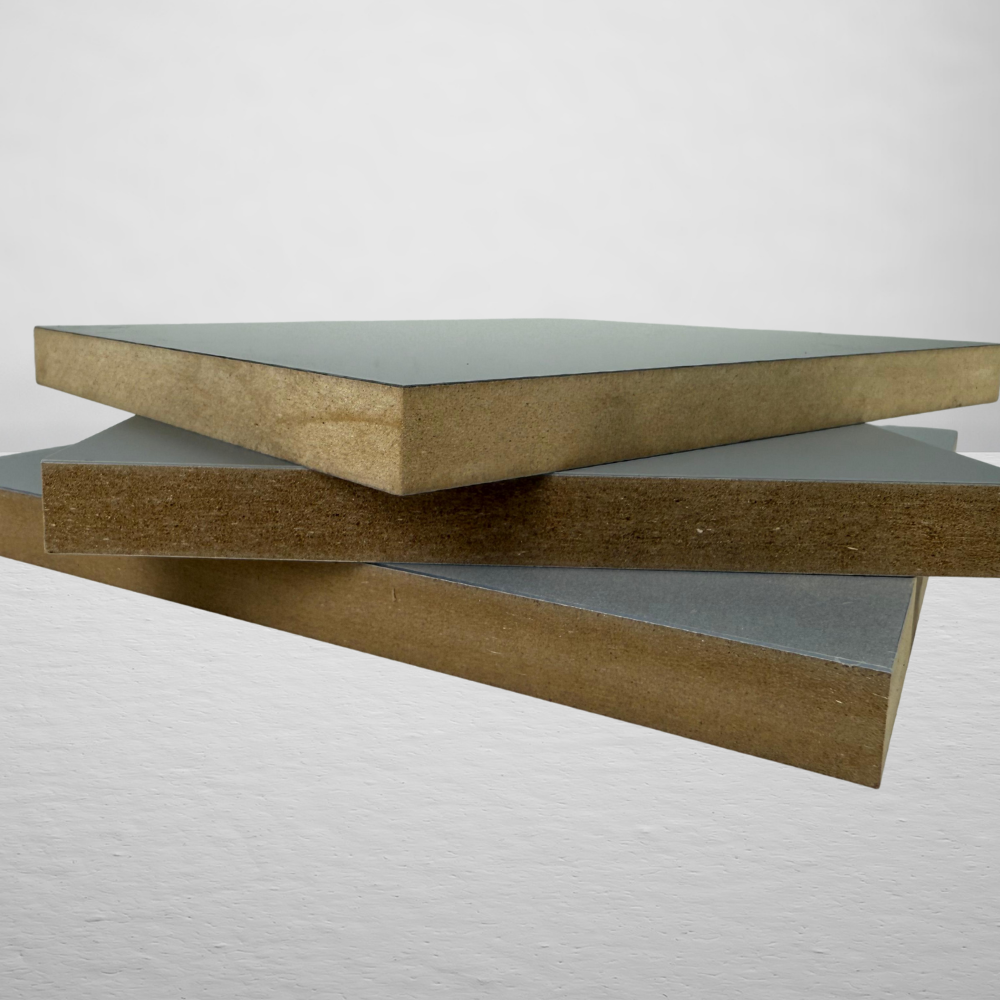 Stack of laminated MDF panels, featuring a smooth high-gloss finish and exposed brown MDF edges, ideal for cabinets, furniture, and wall panels.