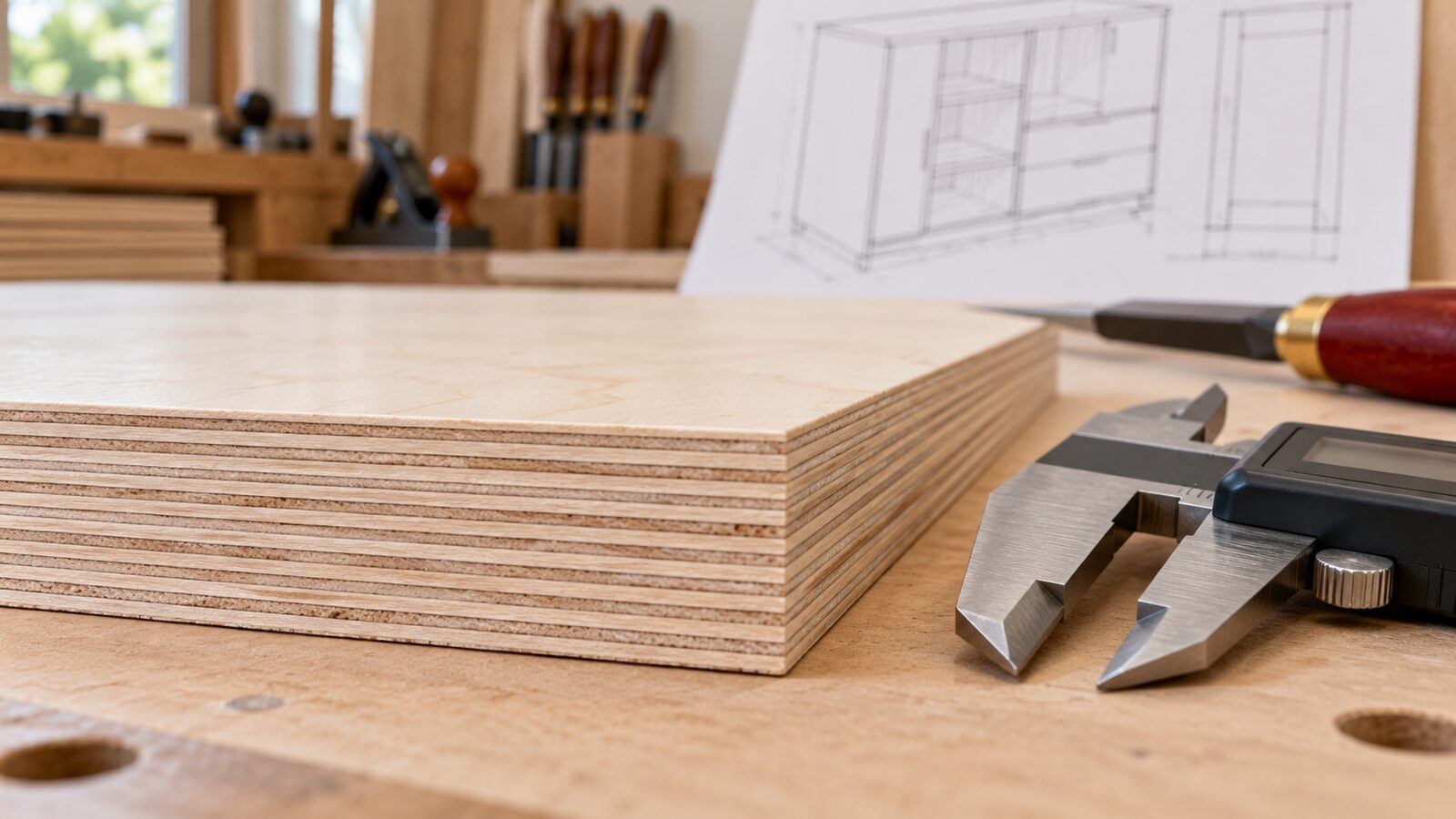 Layered Baltic birch plywood edge beside calipers on a cabinetmaker workbench