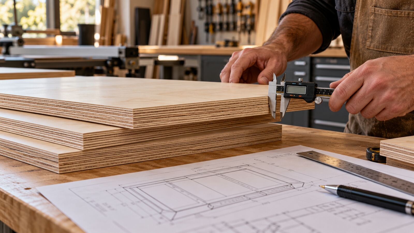 Caliper measuring the layered edge of birch plywood on a cabinet-shop workbench
