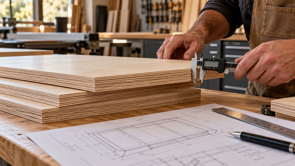 Caliper measuring the layered edge of birch plywood on a cabinet-shop workbench