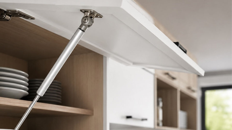 Gas strut mounted inside an upward-opening kitchen cabinet door, showing the hydraulic lift support, brackets, hinges, and cabinet mounting position.