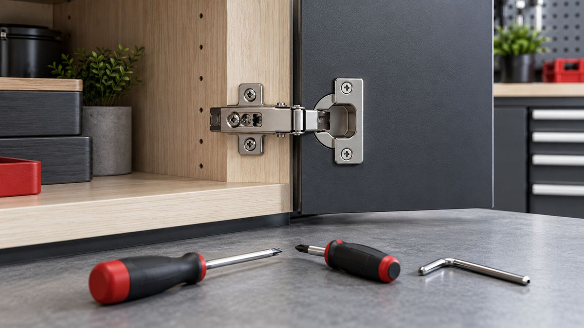 Concealed frameless cabinet hinge with adjustment tools on a workbench