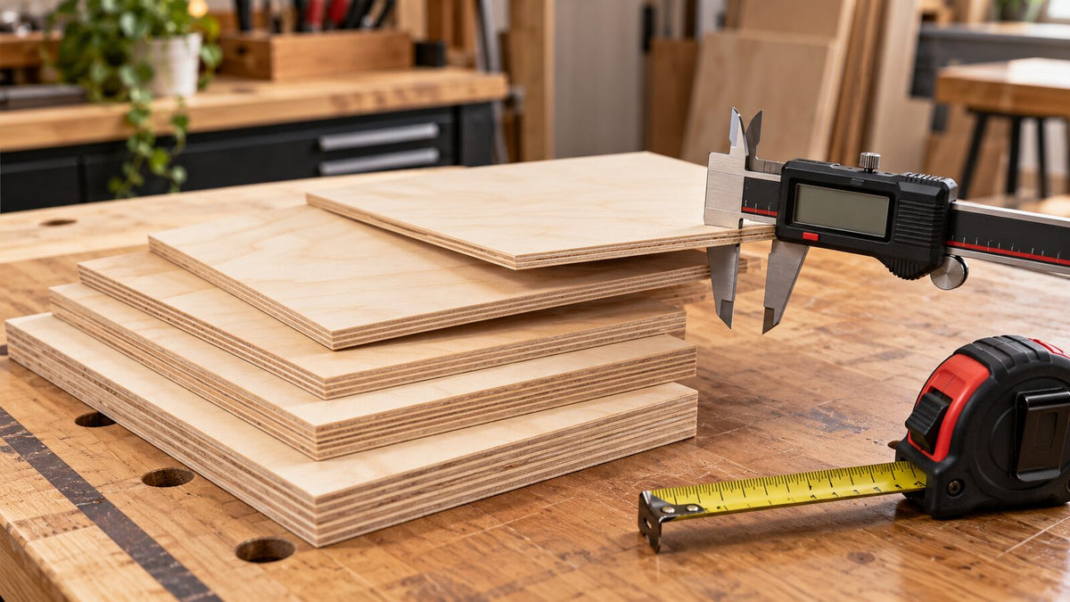 Thin birch plywood panels of different thicknesses measured with a digital caliper