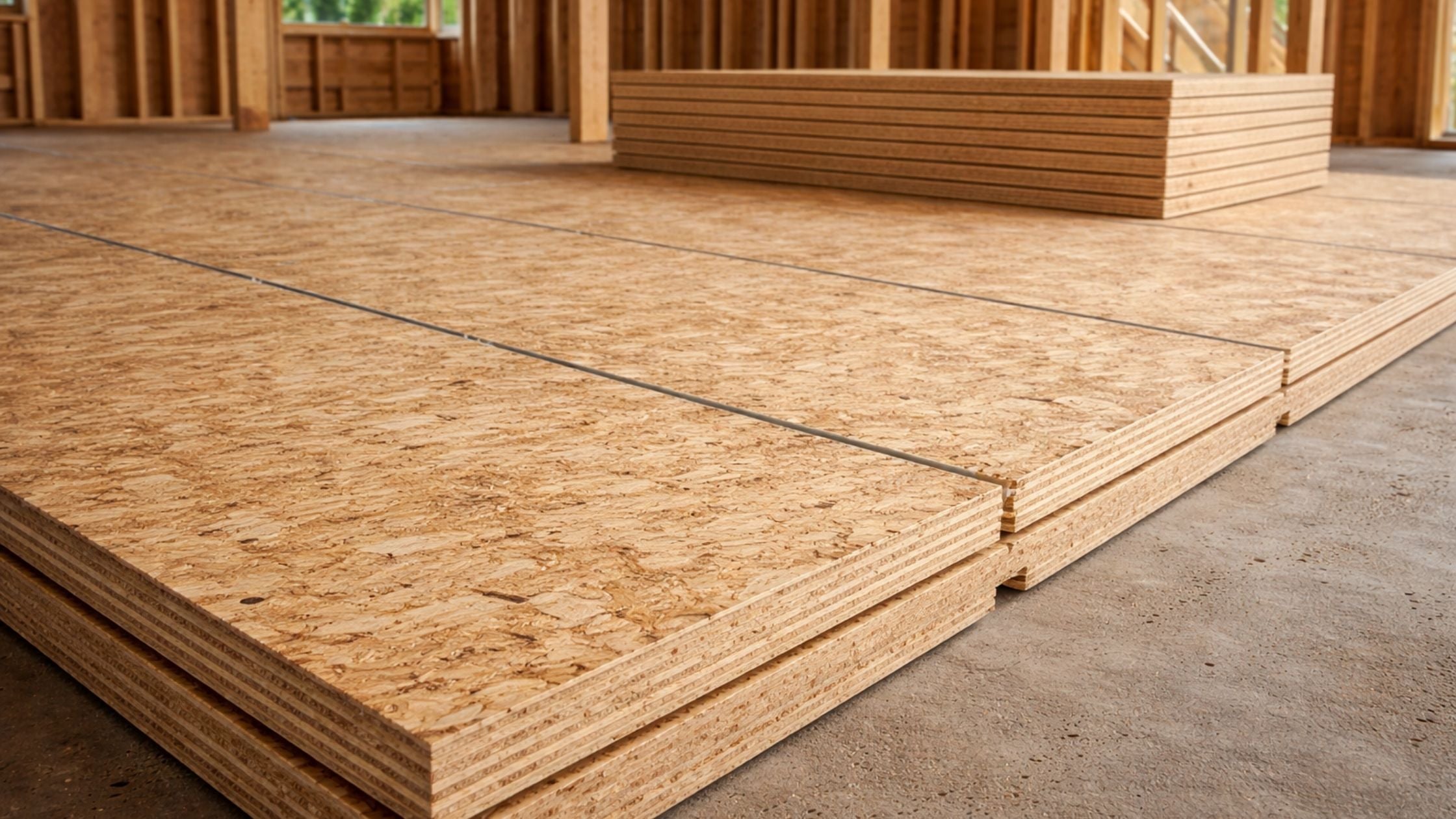 AdvanTech subfloor panels installed on a construction site, showing tight tongue-and-groove seams, consistent thickness, and engineered structural surface