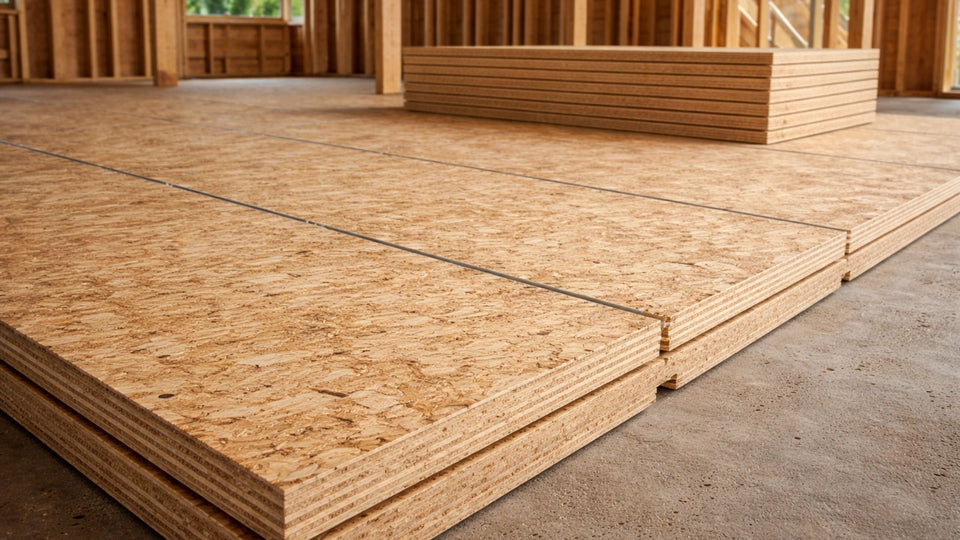 AdvanTech subfloor panels installed on a construction site, showing tight tongue-and-groove seams, consistent thickness, and engineered structural surface