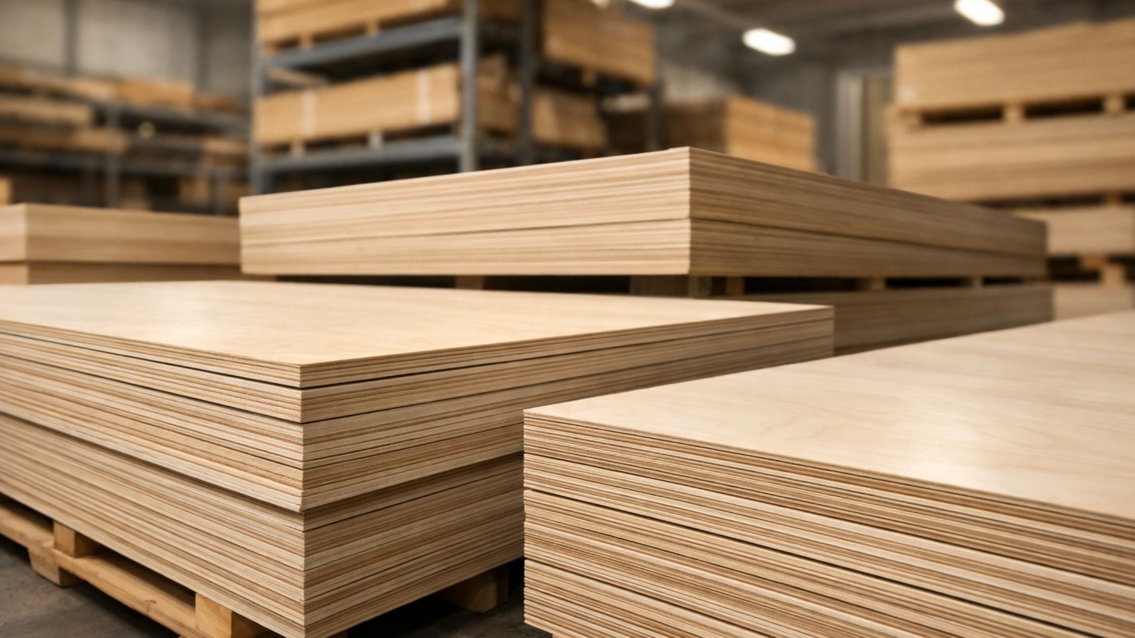 Ultra-realistic warehouse interior with neatly stacked Baltic Birch and cabinet-grade plywood sheets, showing straight layered edges, consistent thickness, tight veneer cores, and smooth furniture-grade surfaces under soft natural lighting.