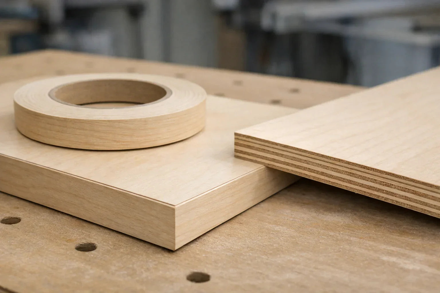 Plywood panel with veneer edge banding applied, showing a finished edge next to an exposed plywood core and a roll of wood edge banding on top