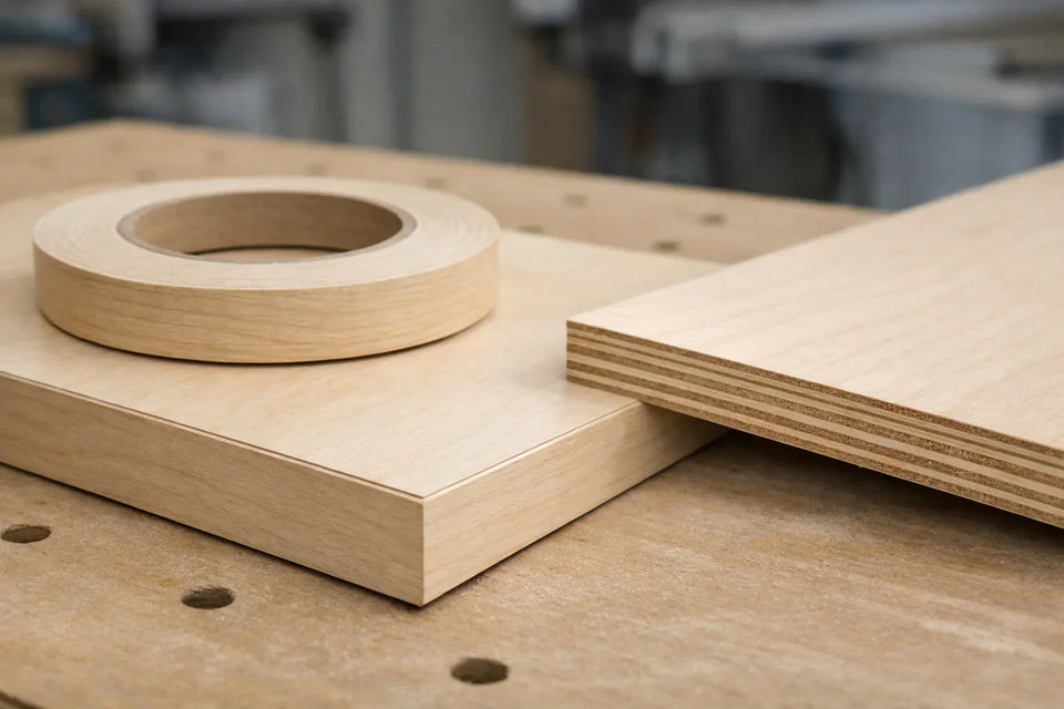 Plywood panel with veneer edge banding applied, showing a finished edge next to an exposed plywood core and a roll of wood edge banding on top