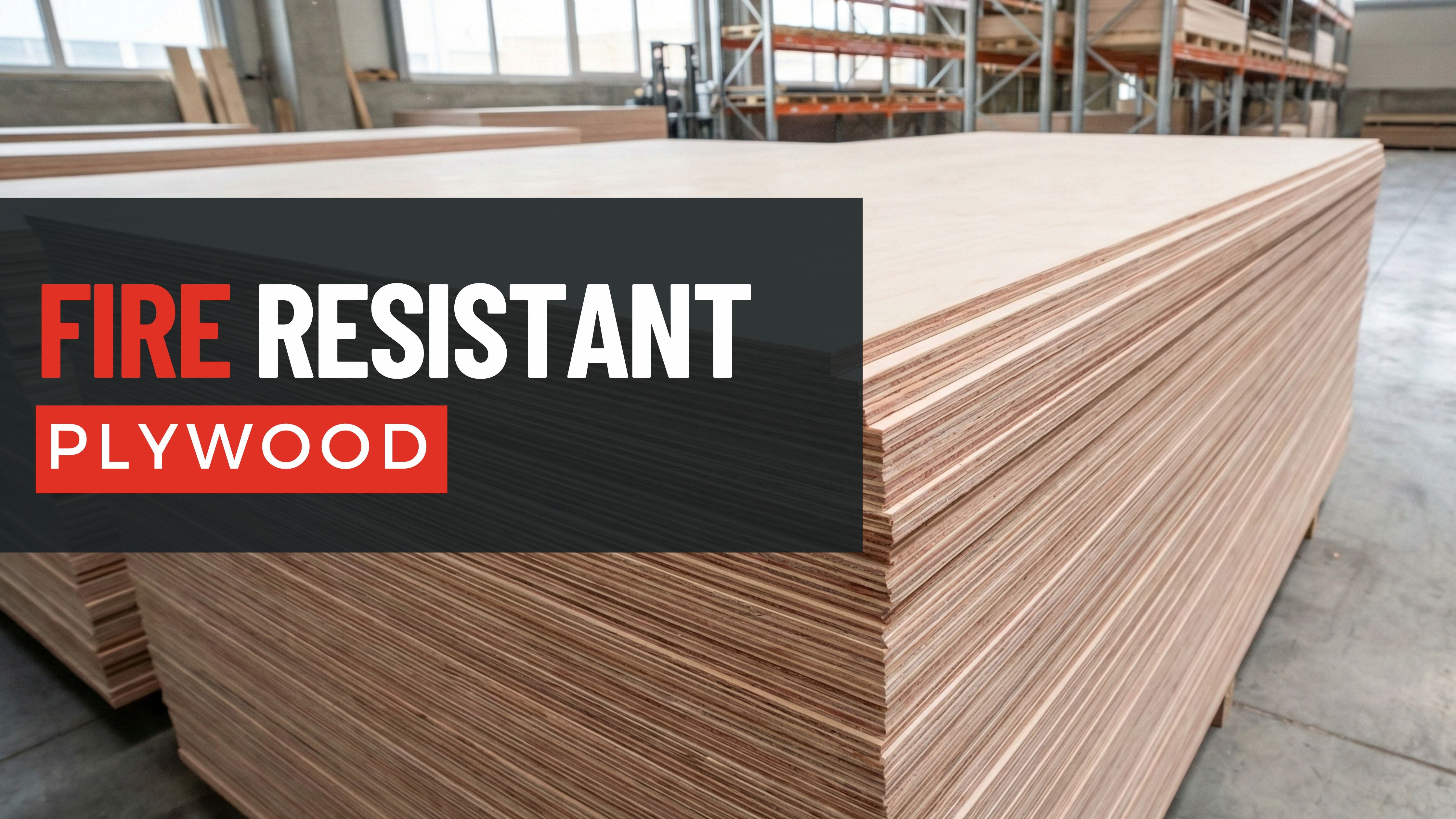 Fire resistant plywood sheets stacked in a warehouse, showing layered construction used for fire-rated building applications
