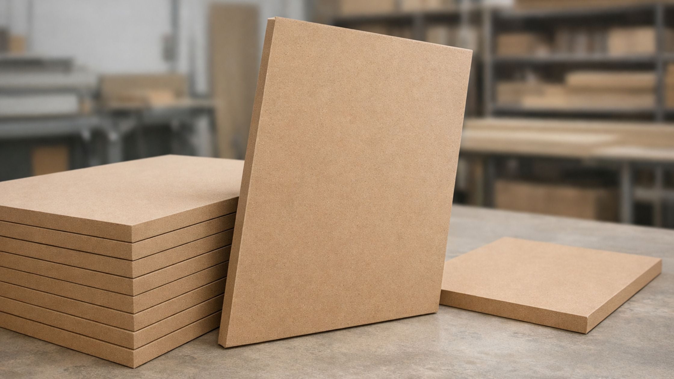 Medium density fiberboard panels stacked in a cabinet shop showing smooth surface and solid MDF edges