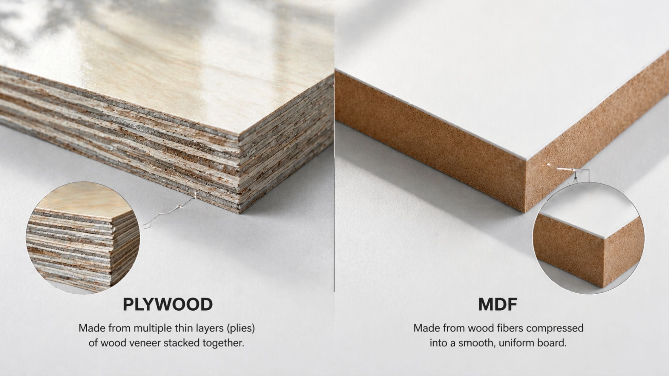 side by side comparison of plywood and mdf showing layered plywood core versus smooth dense mdf core edge for cabinet and furniture materials