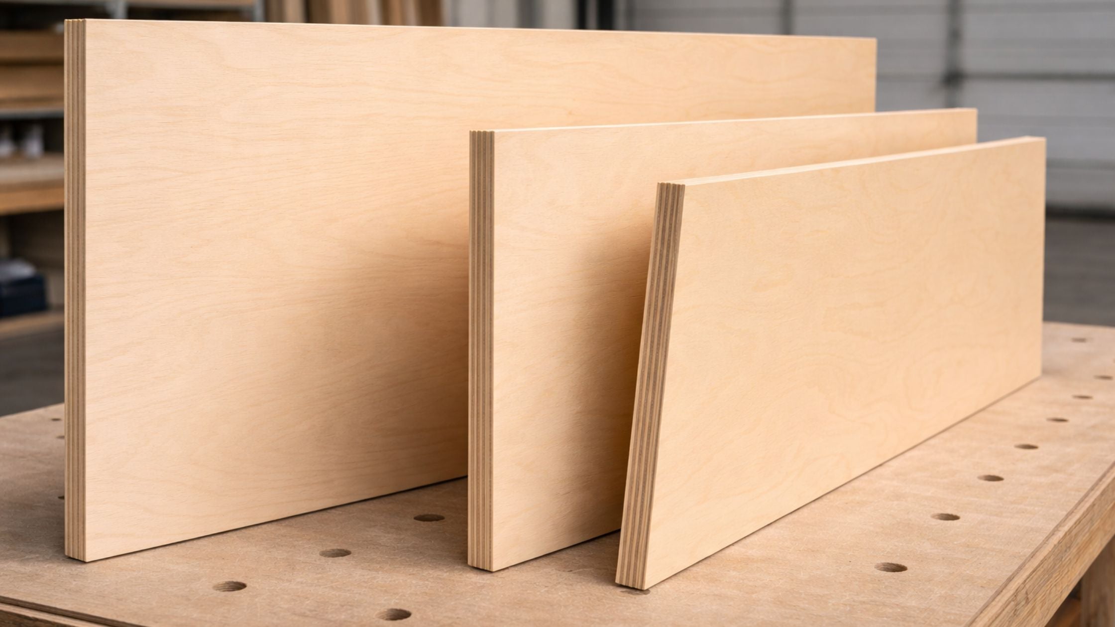 Plywood sheets of different sizes standing on a workbench, showing smooth veneer faces and layered plywood edges in a workshop
