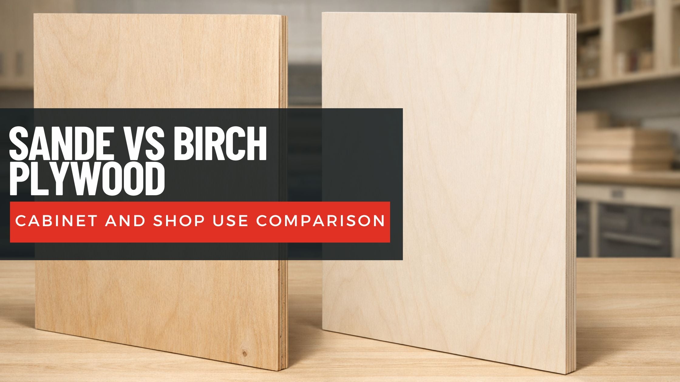 Sande plywood vs birch plywood comparison showing face veneer and exposed core layers in a cabinet workshop setting