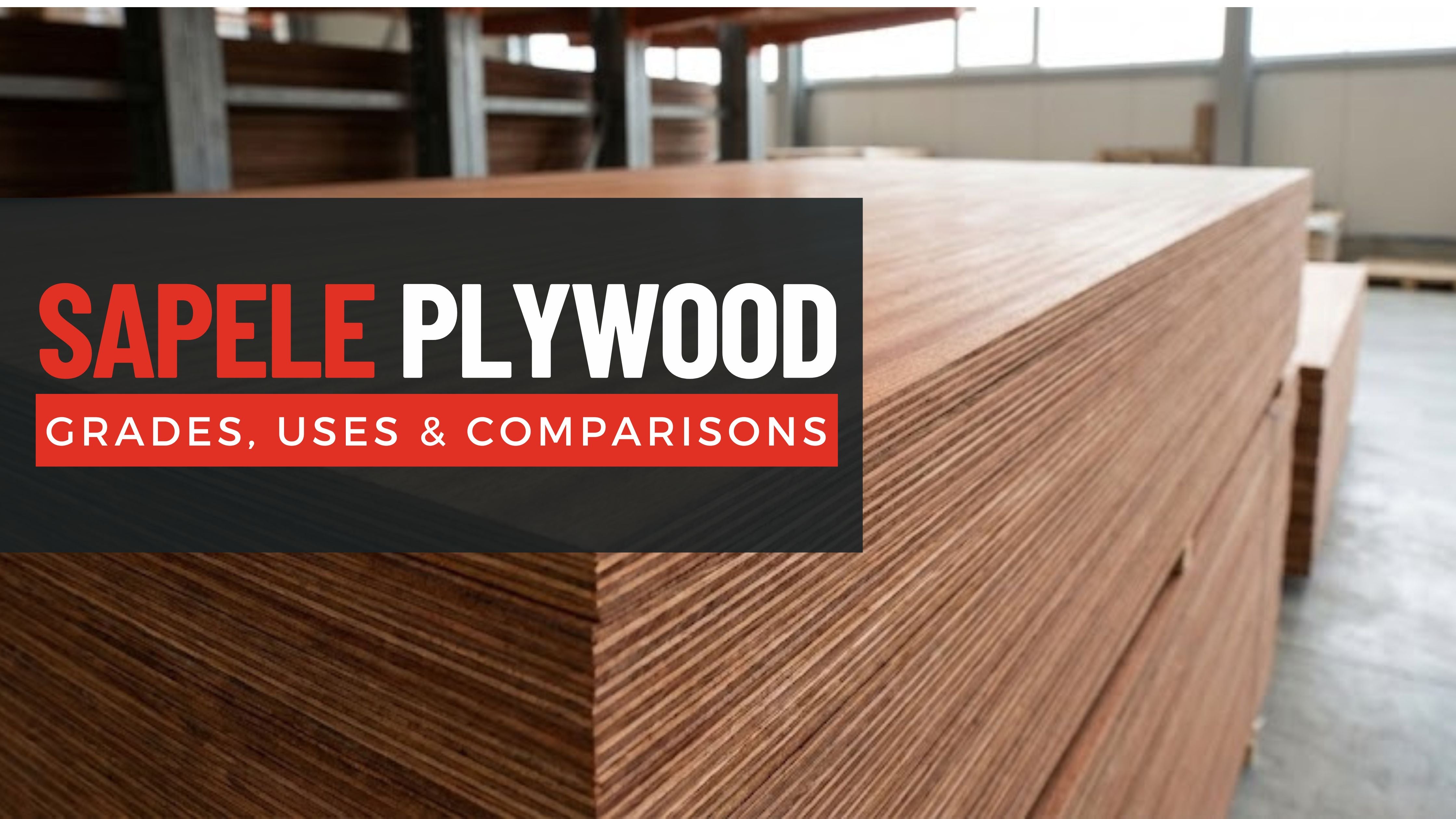 Sapele plywood sheets stacked in a warehouse, showing rich reddish-brown grain and layered plywood construction