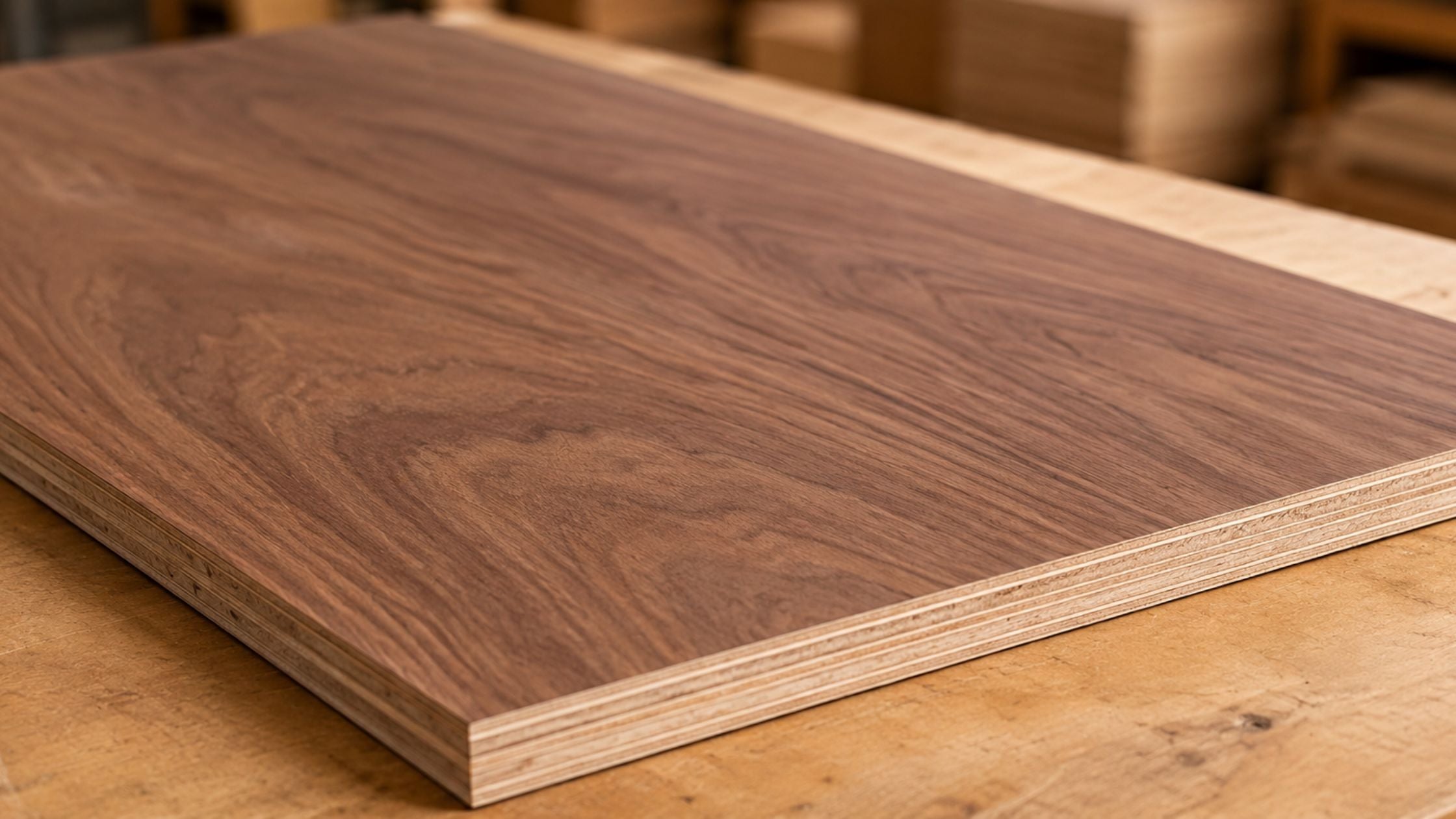 3/4 walnut plywood sheet with natural walnut wood grain and visible layered plywood edge on woodworking bench