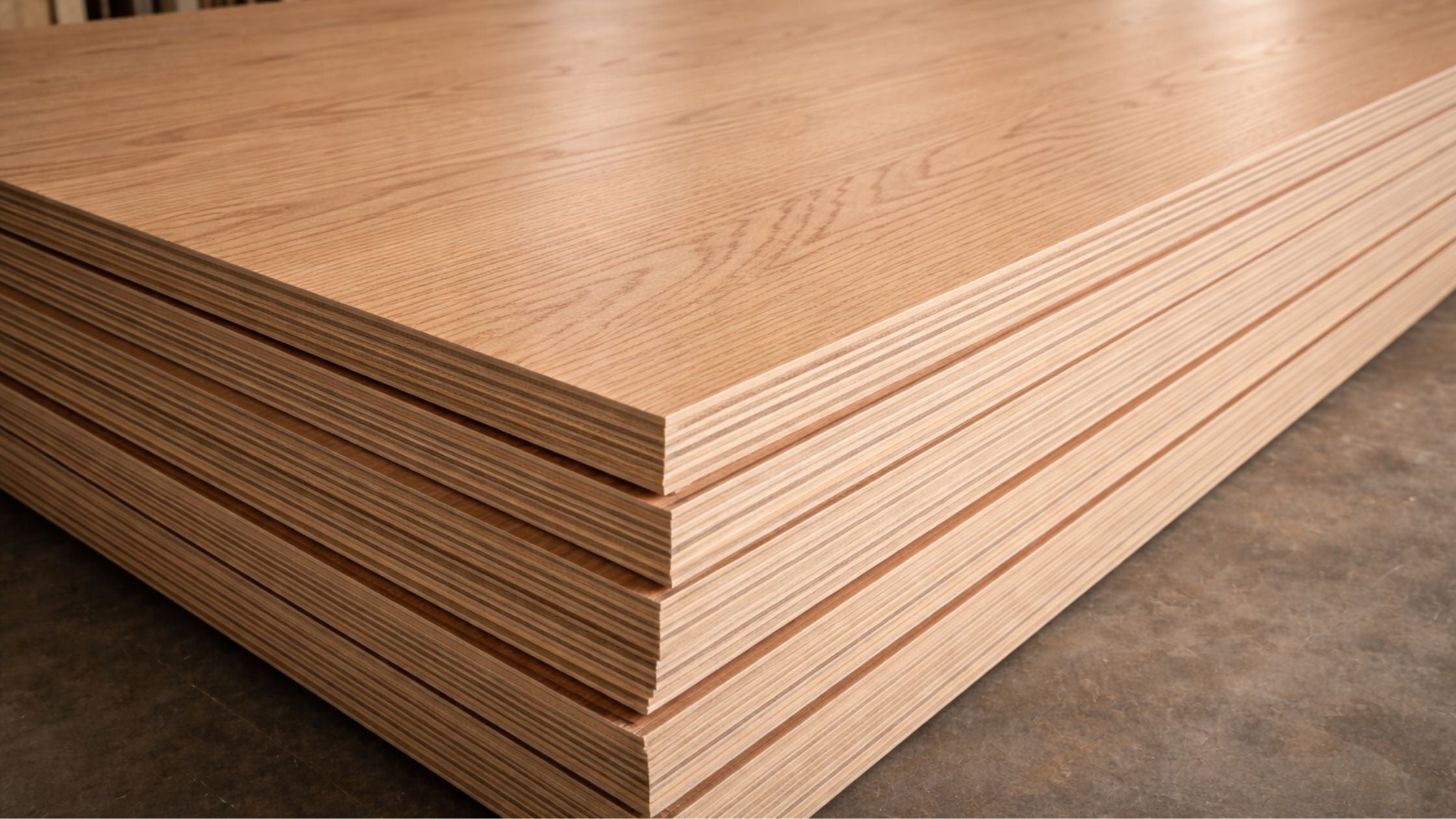 White oak plywood sheets stacked in a warehouse, showing pronounced grain and clean layered plywood edges