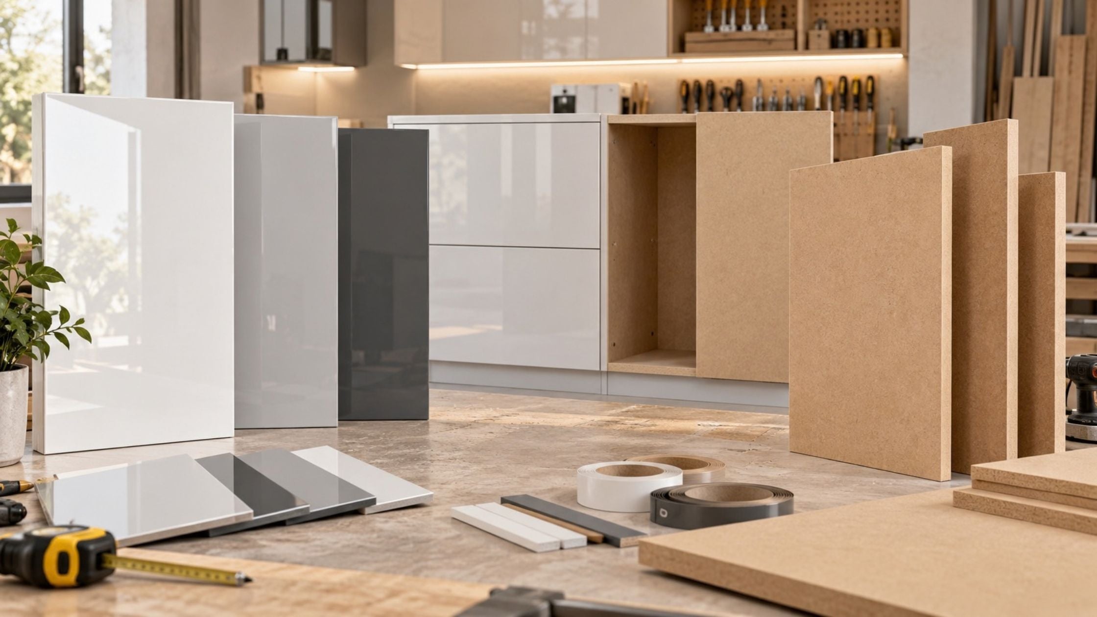 Acrylic-faced MDF panels in white and gray beside raw MDF sheets and edge banding in a modern cabinet workshop.