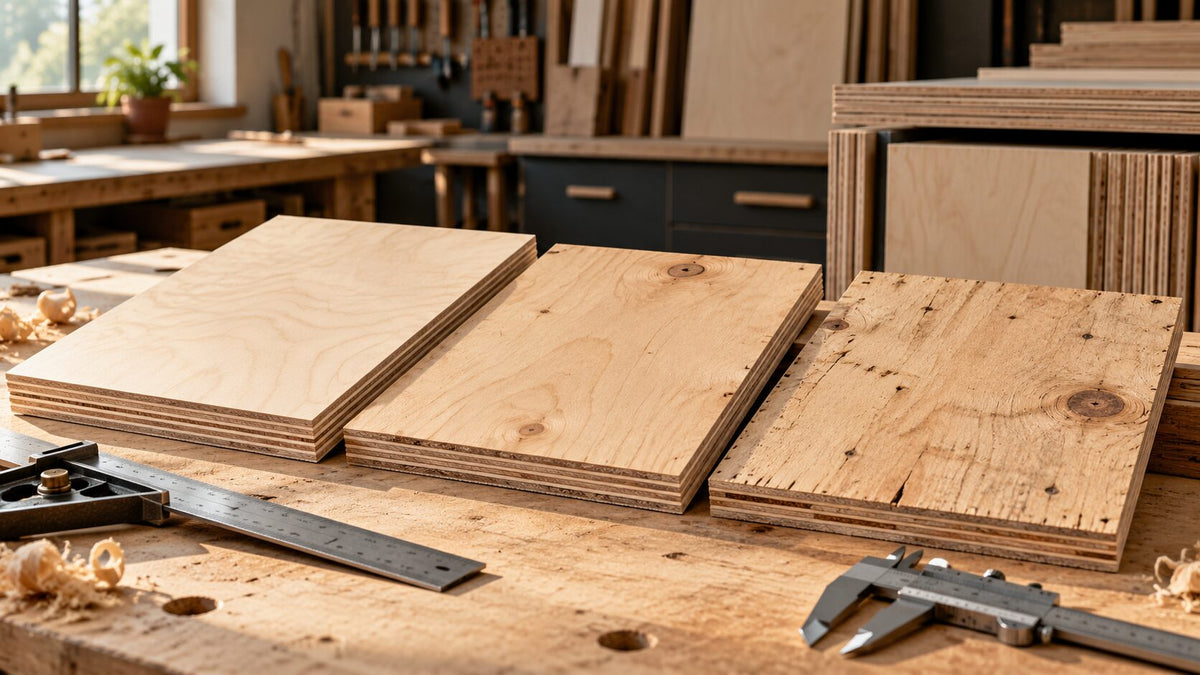 Three plywood grades with different face qualities on a cabinet shop workbench