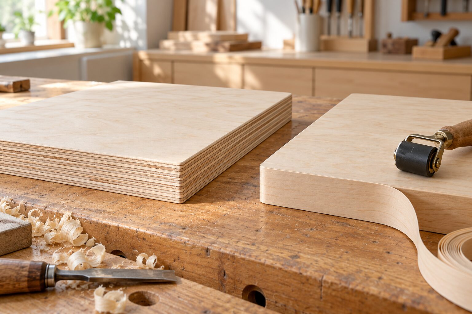 Baltic Birch samples comparing exposed layered edges with birch veneer banding