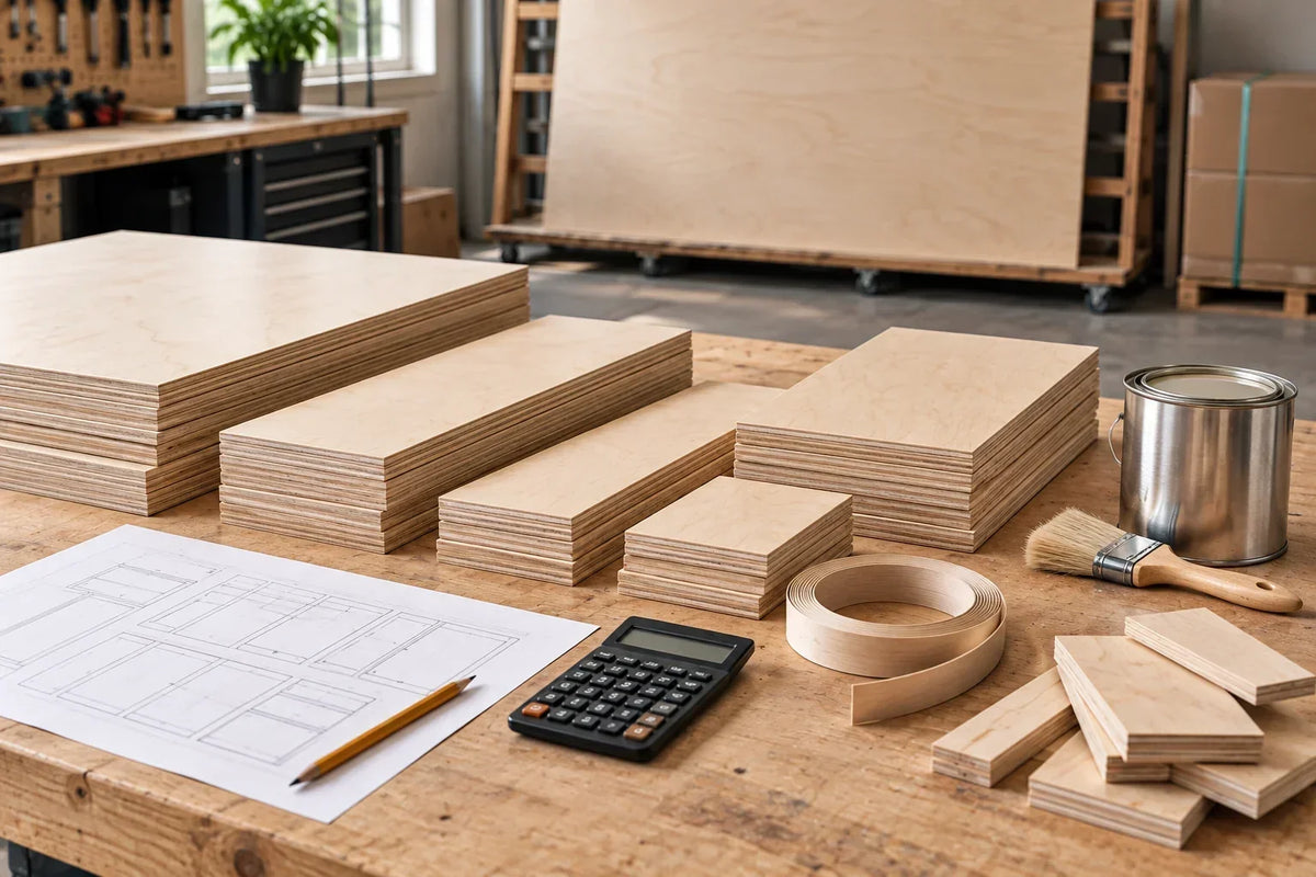 Baltic Birch plywood parts and reusable offcuts beside a calculator, finish can and birch edge banding on a workbench.