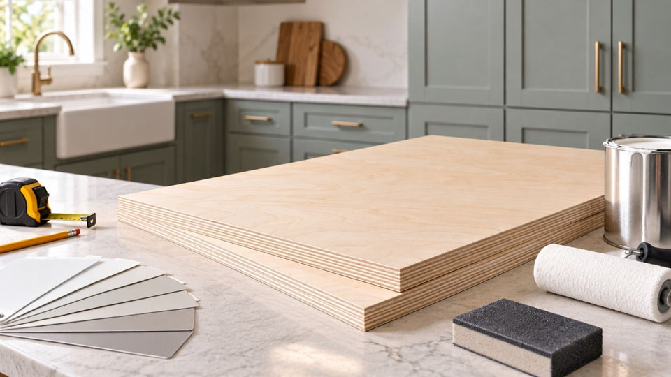 Unfinished Baltic Birch plywood sheets on a kitchen work surface with paint roller, sanding block, color samples, and measuring tools for a painted cabinet project.