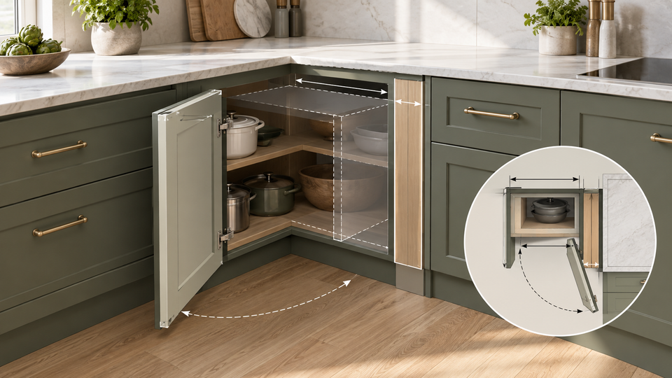 Blind corner base cabinet with illustrated door swing, filler space and interior footprint guide