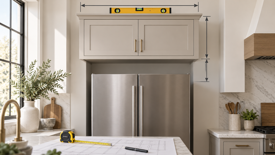 Bridge wall cabinet above a refrigerator with illustrated width, height and clearance arrows