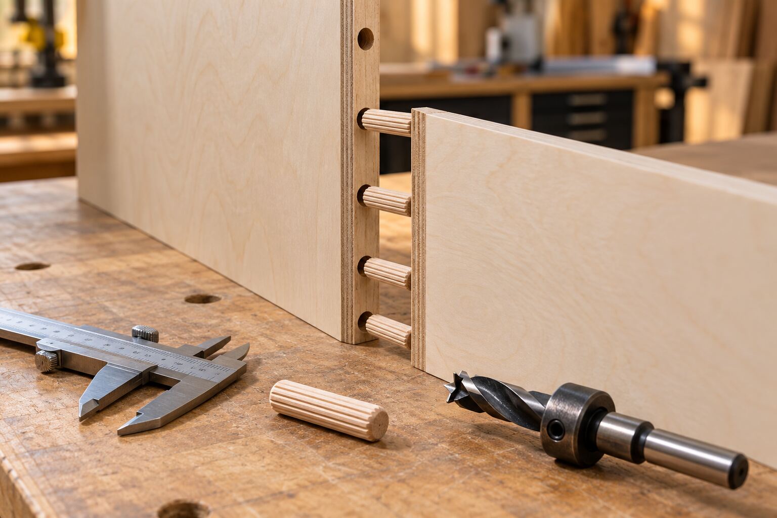 Fluted wood dowels aligning two plywood cabinet panels on a workbench