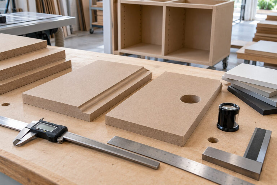 Raw MDF test panels with calipers, routed profile, and drilled hole