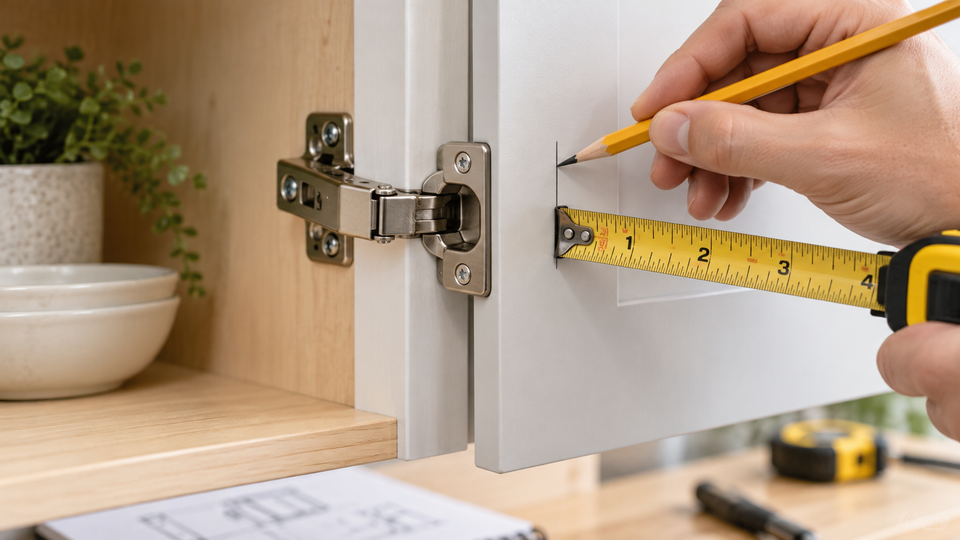 Measuring cabinet door overlay near a concealed hinge with a tape measure and pencil mark