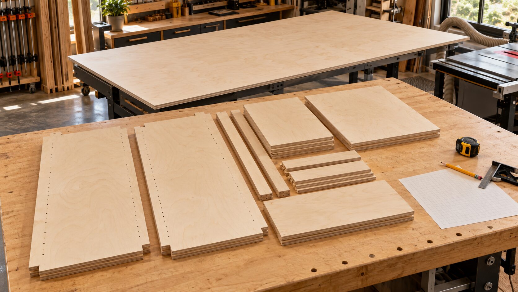 Cabinet-grade plywood parts arranged for a cabinet yield cut plan