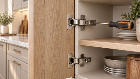 Cabinet Hinge Adjustment: A 3D Screw-by-Screw Diagram