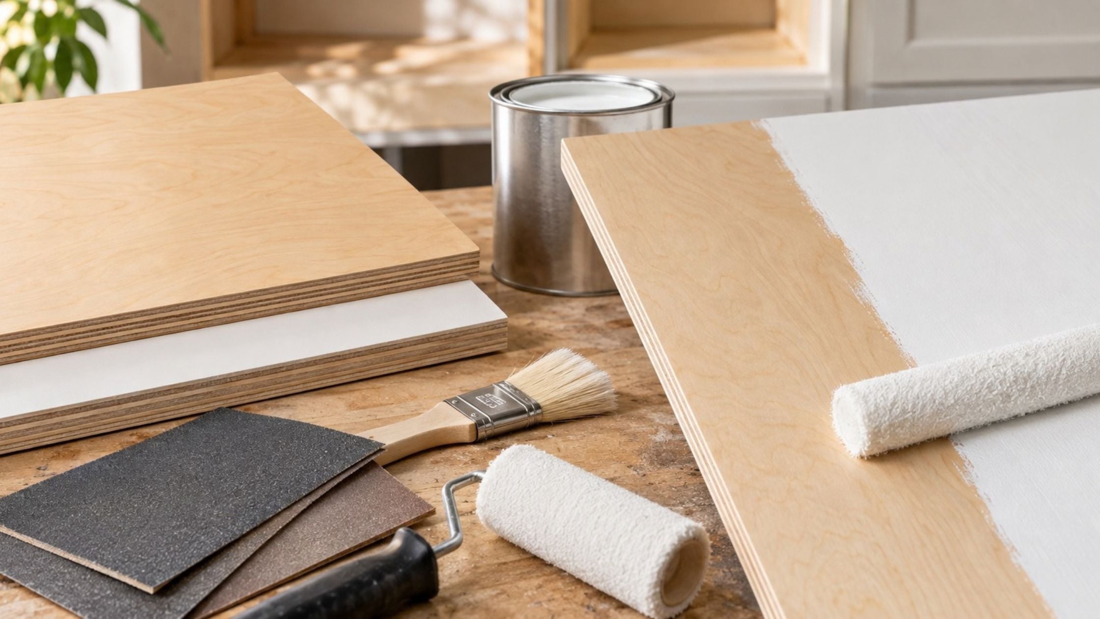 Prefinished plywood and unfinished birch plywood on a workbench with primer, paint roller, brush, and sandpaper for surface preparation and repainting.