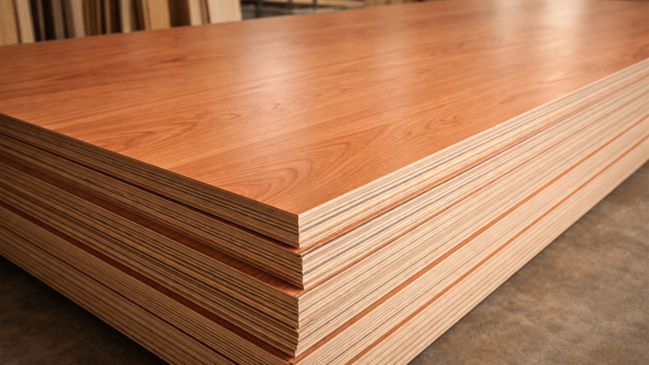 Cherry plywood sheets with consistent layered core, smooth surface, and fine grain used for cabinet and furniture applications