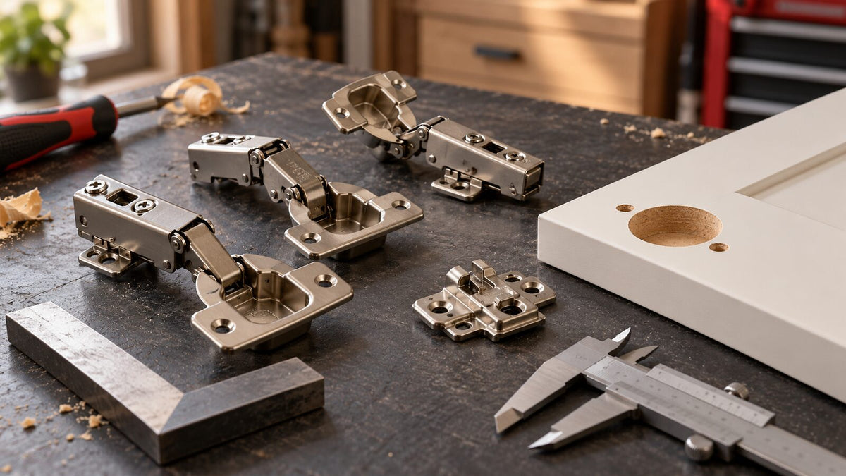 European concealed hinges beside a cabinet door cup bore and mounting plate