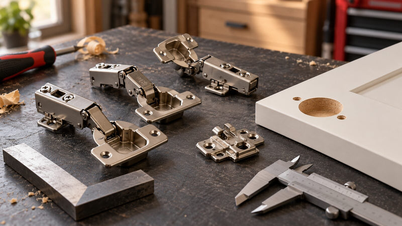 European concealed hinges beside a cabinet door cup bore and mounting plate