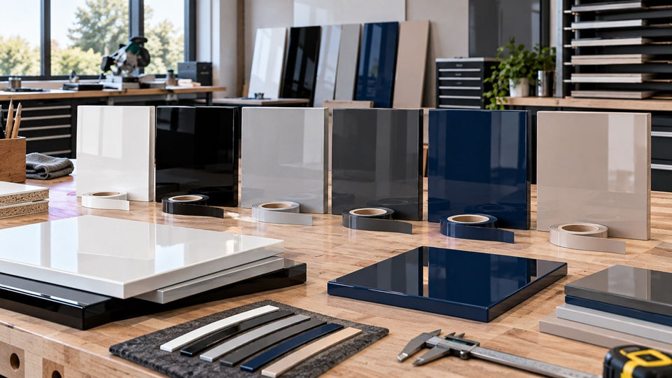 Glossy acrylic MDF cabinet panels with matching 22mm edge banding in white, black, gray, blue, and cashmere finishes displayed in a professional cabinet workshop.
