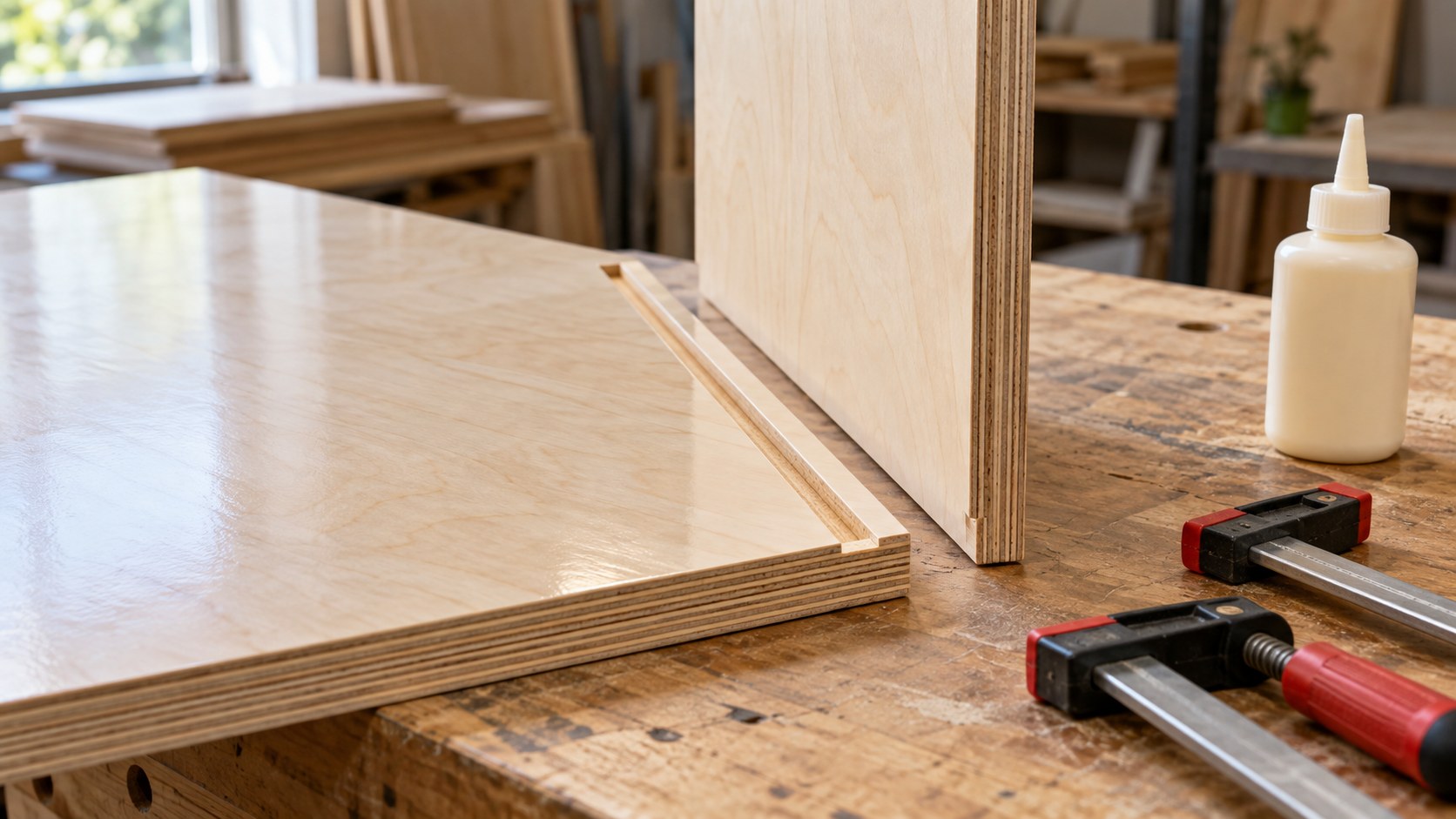 Clear-coated birch plywood with a machined groove beside an upright offcut, clamps and a plain glue bottle.