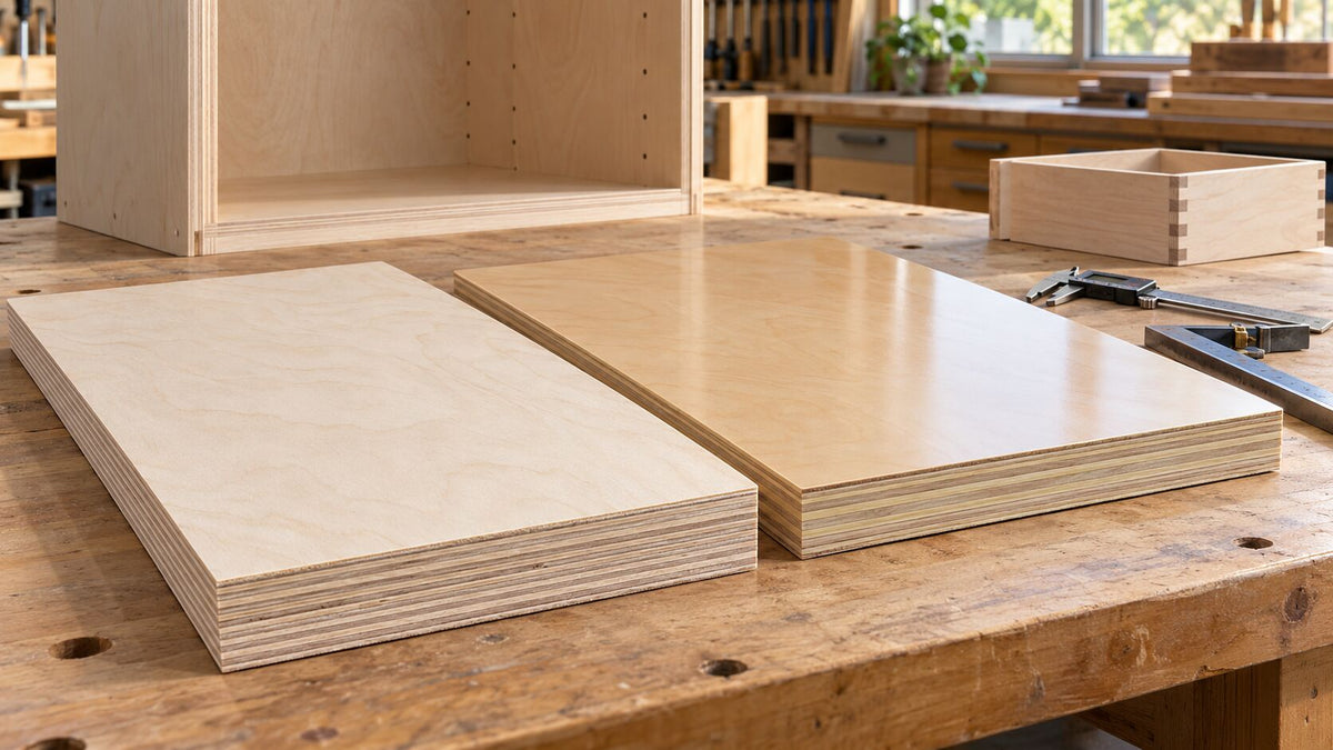 Half-inch unfinished Baltic Birch and prefinished birch plywood panels with cabinet parts and measuring tools on a shop bench.
