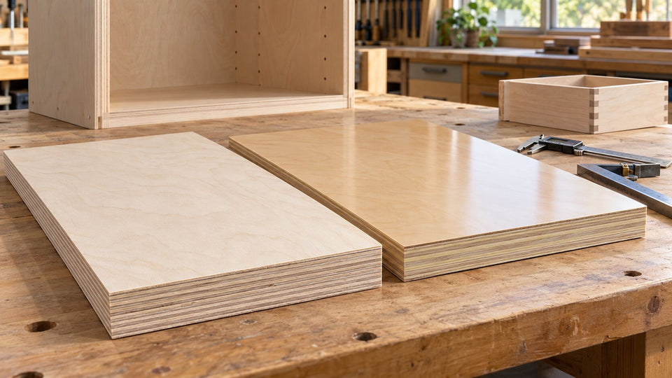 Half-inch unfinished Baltic Birch and prefinished birch plywood panels with cabinet parts and measuring tools on a shop bench.