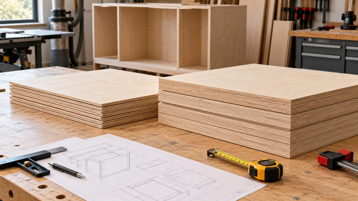 Two stacks of different plywood thicknesses beside a cabinet plan