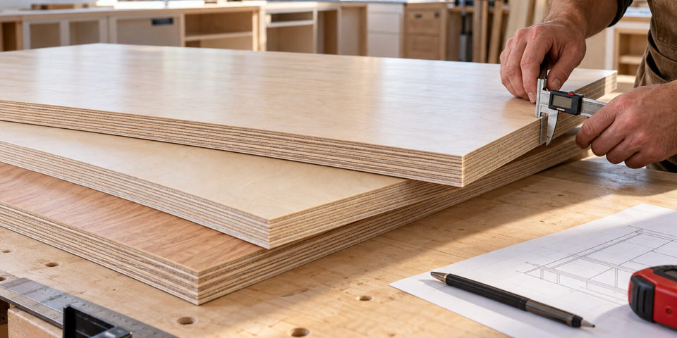 Maple and birch plywood panels measured with calipers on a cabinet-shop workbench