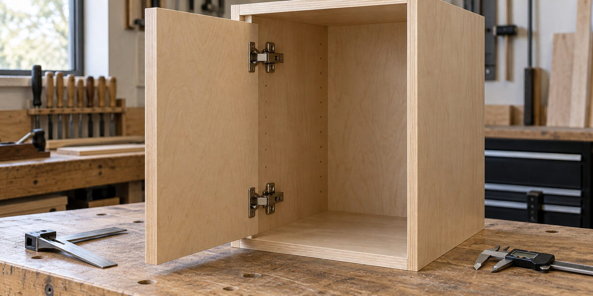 Inset cabinet door mounted inside a frameless cabinet opening with concealed hinges
