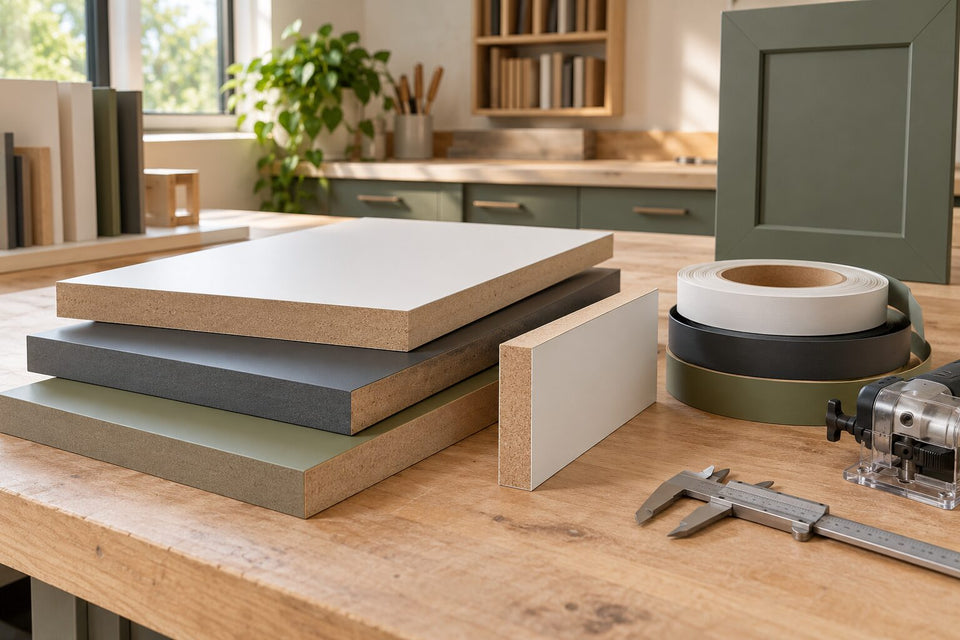 Laminated MDF panels with visible fiber cores and matching edge banding