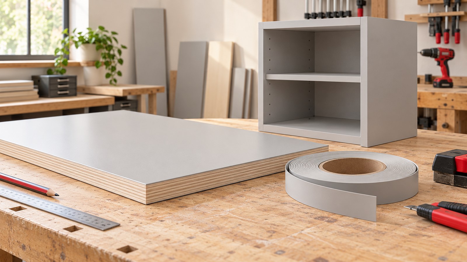 Light gray melamine plywood panel, matching edge banding and cabinet box in a workshop