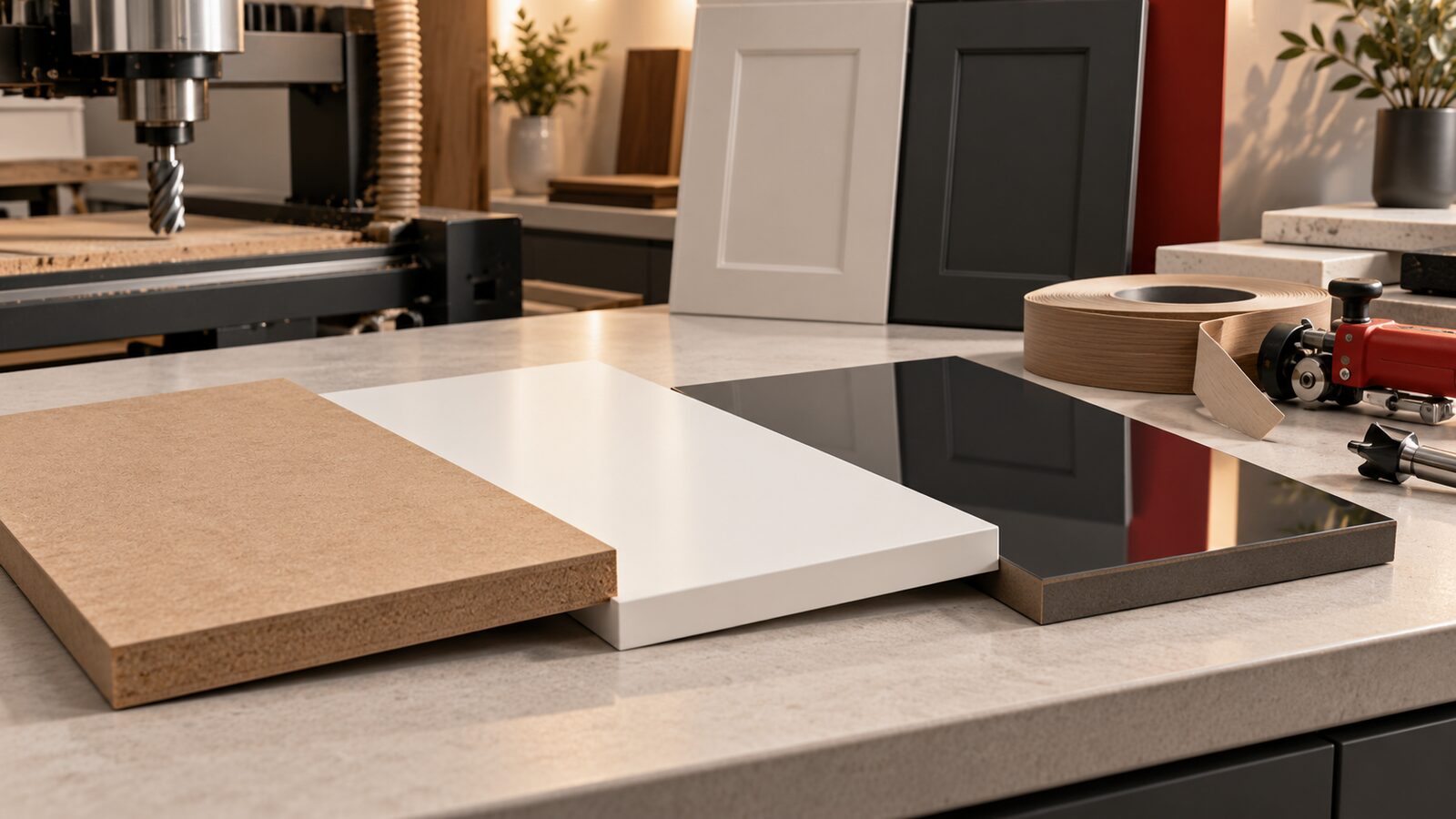 Raw, white matte and dark gloss MDF panels in a cabinet materials studio